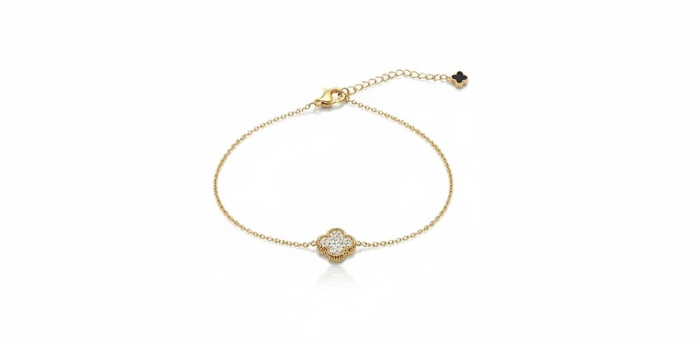 ARMBAND BLACK & SILVER CLOVER -14K VERGOLDET